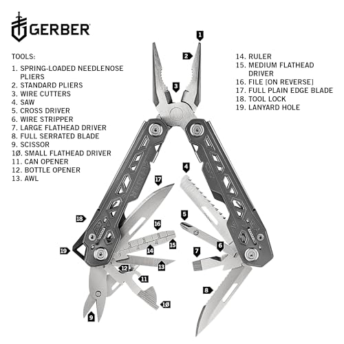 Gerber Gear Truss 17-in-1 EDC Needle Nose Pliers Multi tool - includes Pocket Knife, Screwdriver, and Bottle Opener Accessories - Gifts for Men, Fishing and Camping Gear - Gray with Standard Sheath - style: Gray Standard Sheath
