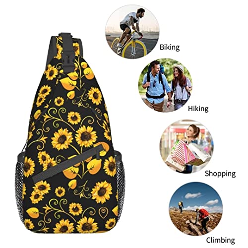 Sunflower Sling Bag Crossbody Backpack for Men Women Seamless Sunflower Leaves Yellow Flowers on Black Background Chest Bag Adjustable Casual Shoulder Backpack Travel Hiking Daypack - color: Yellow Sunflower Leaves