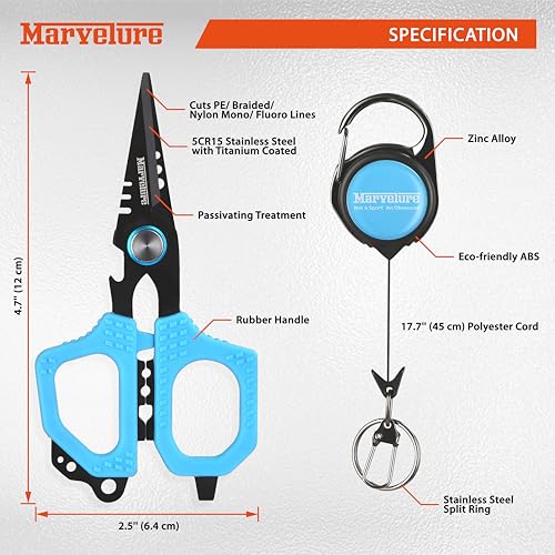 Pro Fishing Shears 4.7'' (12 cm), Dual Serrated Blades, Titanium-Coated Braided Line Scissors with Non-Slip Grip & Multifunction Tool, Includes Zinger Retractor (Blue, 4.7'' (12 cm)) - color: Blue