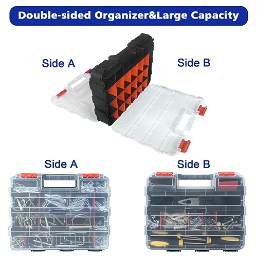 Tools Organizer Box Small Parts Storage Box 50-Compartment Double Side Hardware Organizers with Removable Plastic Dividers for Screws, Nuts, Nails, Bolts, Orange - color: Orange