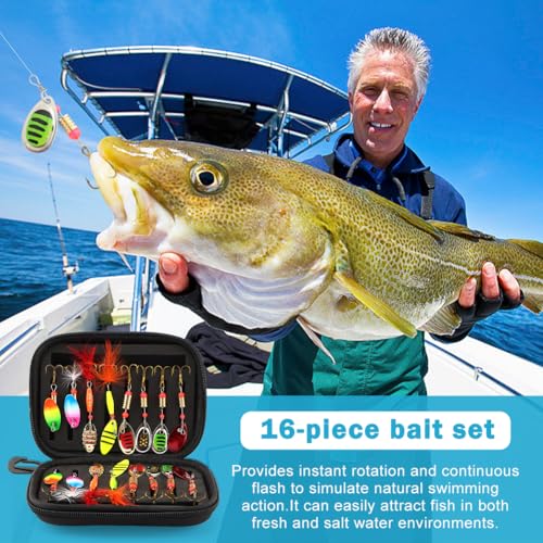 16pcs Fishing Lures Spinner Baits, Trout Bass Salmon Lures Kit, Metal Bass Trout Spinner Lure Baits with Portable Carry Bag for Freshwater Saltwater, Fishing Gifts for Men
