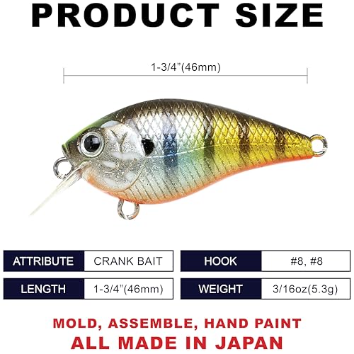Lucky Craft LC 0.5 Squarebill Crankbait, Silent Fishing Lure for Bass Trout and Pike, Made in Japan, Freshwater Fishing Gear, Hard Bait Bass Lures - color: 175 Flake Flake Kabuki Gill