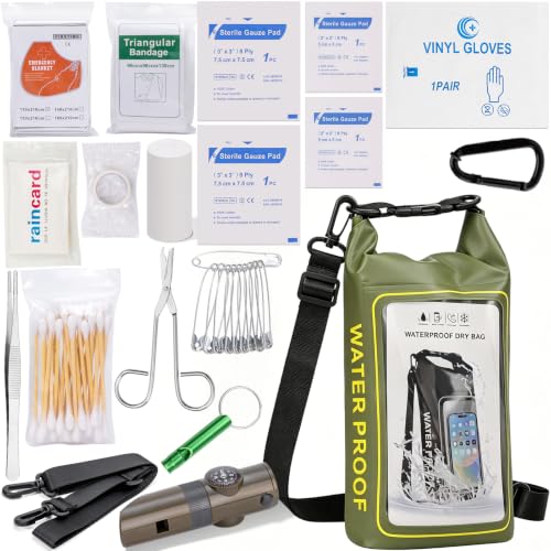 154 Pieces Waterproof Boat First Aid Kit Dry Bag with Out Bags Pouch Roll Top Boat Emergency Kit 2-in-1 for Camping Fishing Kayaking Swimming Rafting - color: Armygreen