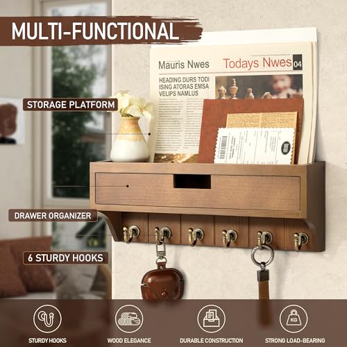 Rebee Vision Farmhouse Pine Wood Key Holder Wall Mount with Drawer Organizer – Mail Organizer with 6 Sturdy Key Hooks and Storage Drawer – Rustic Home Decor for Apartment Essentials (Brown) - color: Brown, style: 1-Drawer