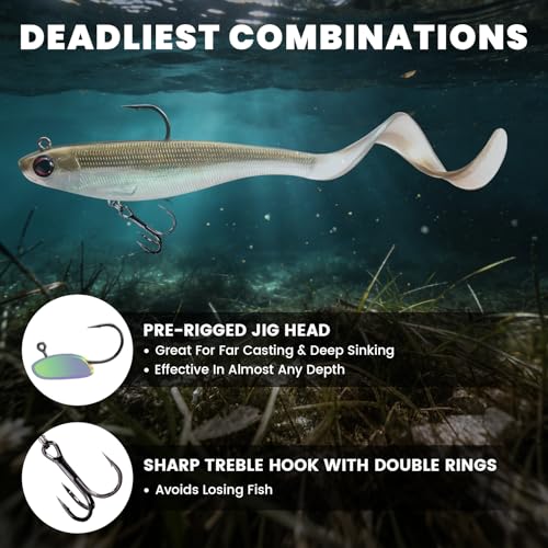Pre-Rigged Soft Fishing Lures with Weedless Hook, Lifelike Paddle Tail Swimbaits for Bass Fishing, Freshwater & Saltwater Curly Type Tail Soft Plastic Baits for Bass, Pike, Trout, and Walleye. - color: B2-4"-0.56oz