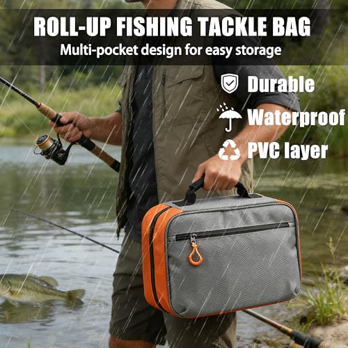 Fishing Bait Binder Tackle Bag, Water Resistant Soft Plastic Lure Storage Organizers for Saltwater Freshwater Fishing (Gray-orange) - color: Gray-orange