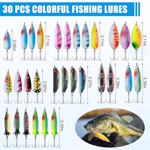 Fishing Spoons Lures Kit,30pcs Hard Metal Fishing Spinner Baits Trout Lures Casting Trolling Trout Spoons Fishing Lures with Treble Hooks for Bass Salmon Pike Walleye