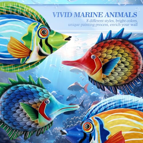 Tandefio 8 Pcs Metal Wall Decor Wall Art Hanging Decorations Outdoor Indoor Sculptures for Garden Fence Pool Home Porch(Colored Fish) - style: Colored Fish