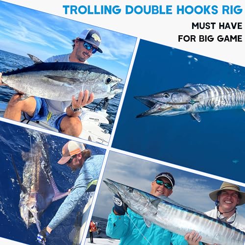 Double Hooks Rig for Trolling Chunking,4pcs Saltwater Trolling Hooks Stainless Steel Double Trolling Hooks Large Big Game Fishing Hooks for Marlin Shark Tuna Wahoo Dorado Fishing - size: 10/0-4pcs