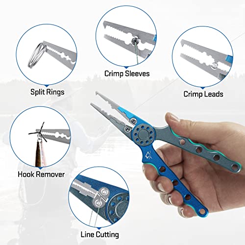 Piscifun Saltwater Fishing Pliers, Aluminum, Split Ring, Braid Cutter | Hook remover, tungsten carbide blade, spring-loaded jaws, ergonomic grip, sheath and lanyard - color: Blue, style: Nylon Sheath