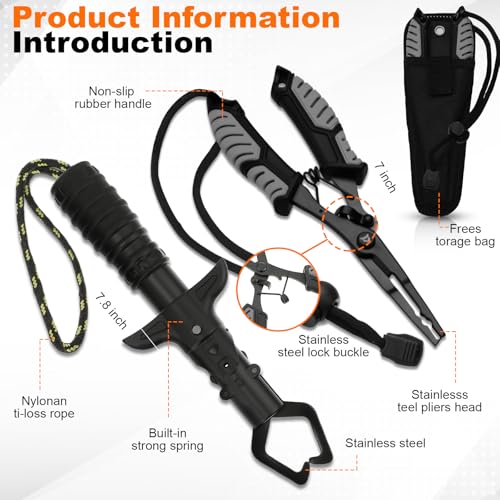 Ceenna 14 Pcs Fishing Tool Kit, Fishing Pliers, Retractable Landing Net, Lip Gripper, Fillet Knife, Digital Scale, Hook Remover, Scaler, Braid Scissors, Sharpener, Tool Retractor Accessories - color: Black