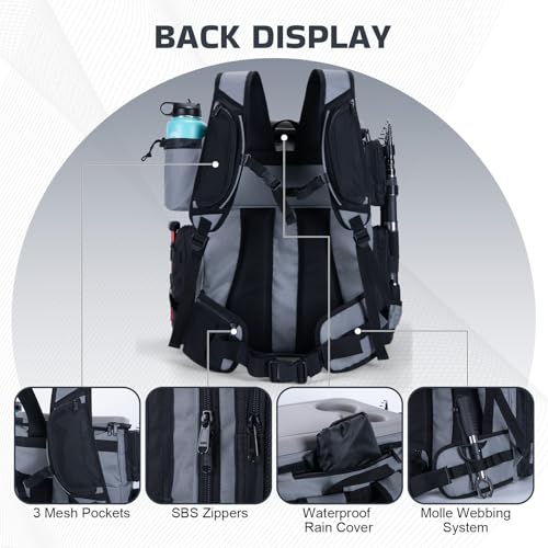 Goture Fishing Backpack with Cooler, 66L 600D Tackle Backpack with 3 Rod Holders, EVA Cover, Helmet Holder, Rain Cover, Saltwater Large Fishing Bag for Camping Hiking, Gear Storage Bag, Gifts for Men - color: A1:gray(without Tackle Box)