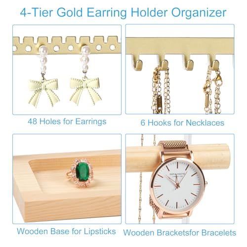 Jewelry Organizer Stand, Jewelry Holder, Lengnoy 4 Tier Earring Holder with 48 Holes and 6 Hooks Necklace Organizer Wood Box for Necklace Bracelet Earring Ring, Gold - color: Gold, size: 11 IN