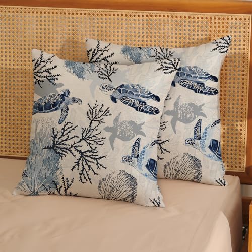 Nautical Coastal Pillow Covers 18x18 Set of 2 Beach Themed Ocean Coral Sea Turtle Decorative Throw Pillows Blue Outdoor Decor Pillow Cases Linen Farmhouse Cushion Case for Sofa Home Holiday - color: Coral Sea Turtle, size: 18" x 18" (Pack of 2)
