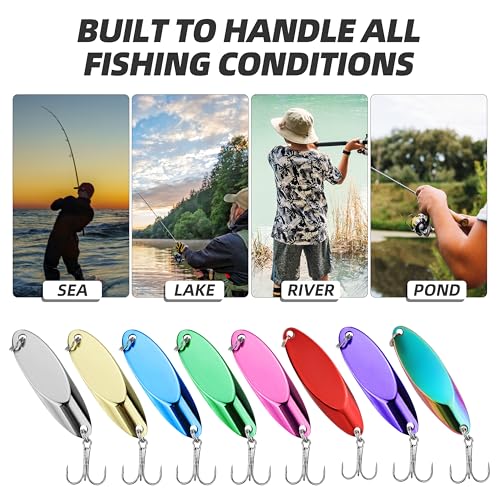 Slant Cut Spoon 8PCS – Metal Fishing Baits with High-Reflective Blades for Bass, Trout, Pike, Walleye – Sharp Treble Hooks for Freshwater & Saltwater, Long Casting, Lake & River Fishing - size: 3/8oz