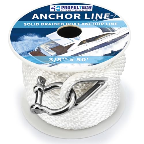 Anchor Rope Braided Anchor Line(White, 3/8" x 50') Premium Solid Braid MFP Boat Rope with Stainless Steel Thimble & Shackle, Quality Marine Line, Boat Accessories - style: 3/8" x 50'