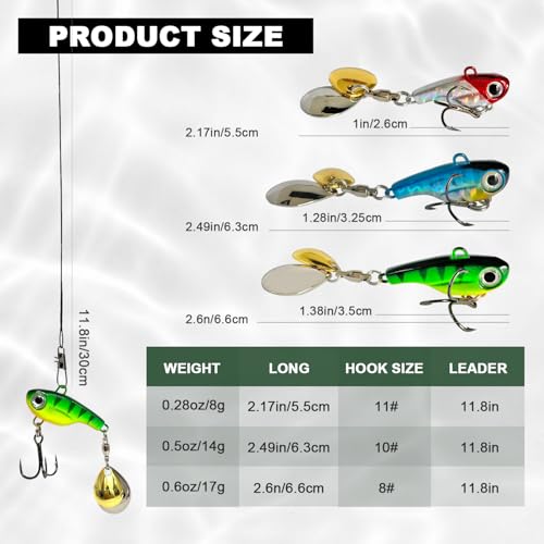 Tail Spinner Hard Metal Lures VIB Fishing Baits Jigging Spoons with Treble Hook Kit Sinking Blade Bait for Bass Trout Freshwater - size: 0.6oz(17g)-8#-3pc