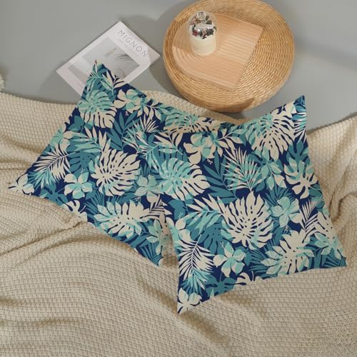 Navy Blue Summer Outdoor Pillow Covers 16x16 Inch 2 Pcs Aqua Teal Palm Leaves Tropical Leaf Decor Throw Pillows Botanical Coastal Decoration Pillowcase Linen Cushion Cover for Couch Sofa - color: Navy Blue Teal Palm, size: 16" x 16" (Pack of 2)