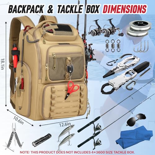 Fishing Tackle Backpack,Tackle Bag with 2 Rod Holders,Water-Resistant Large Storage Fishing Gear and Equipment (B-Khaki) - color: B-Khaki(Without tackle box)