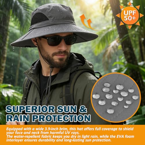 Wide Brim Sun Bucket Hat, Waterproof Boonie Hat for Men & Women | UPF 50+ UV Protection, Adjustable Fit, Chin Strap & Sweatband, Foldable Durable for Fishing Hiking Garden Beach - color: 01 Dark Grey