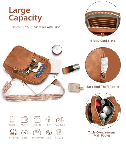 Anti Theft Crossbody Bags for Women RFID Leather Sling Purses,Crossbody Bags Travel Leather Fanny Pack for Women - color: Pure Brown
