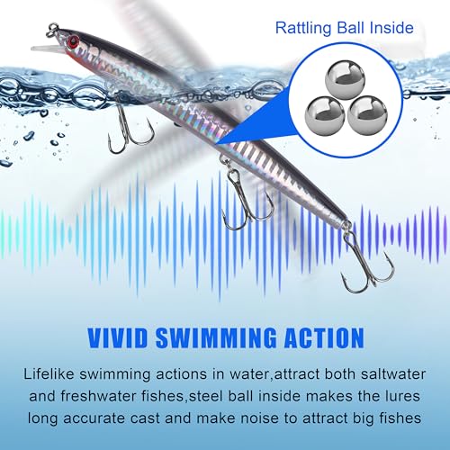 Saltwater Fishing Lures Kit, Jerkbait Striped Bass Lures Surf Fishing Striper Lures Deep Diving Jerkbait Popper Plugs Hard Minnow Lures Baits for Inshore Offshore Ocean Deep Sea Fishing