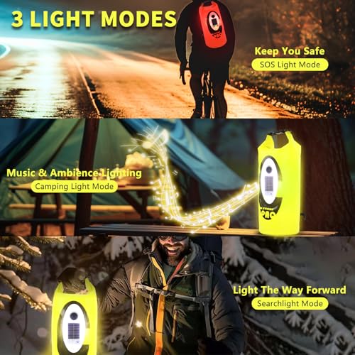 FELICON Waterproof Dry Bag Backpack with Bluetooth Speaker, 10L Roll Top Floating Sack, Solar & USB-C Powered Emergency Charger, RGB Light, Heavy Duty PVC for Kayaking Camping, Neon Yellow - color: Neon Yellow, size: 10L