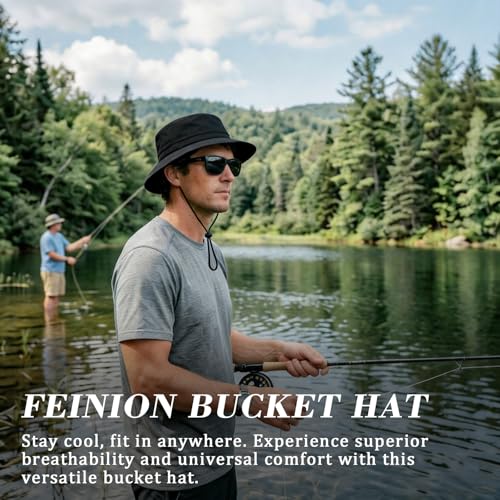 FEINION Men Women Breathable Sun Cap Portable Outdoor Bucket Hat - color: Black