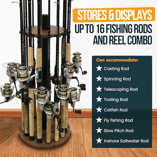 Rush Creek Creations 16 Rod Fishing Pole Holder - Round Floor Mount Rack with Clips for Garage Organization, Dark Walnut Wood - color: Dark Walnut