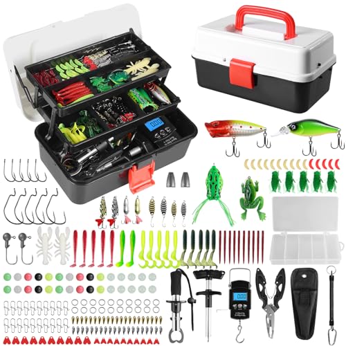 3 Layers Fishing Tackle Box, 213Pcs Fishing Lures Kit with Small Fishing Tool Kit Containing Weights Scale, Lip Clip, Hook Remover, Fishing Accessories, Fishing Gear for Beginners Kids, Men, Adults - color: black