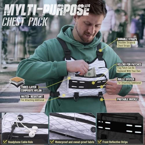 RXW Outdoor Sport Chest Rig for Men Women, Running Vest Bag with Pack Holster, Chest Pack Built in Phone Holder for Cycling, Camping,Travel, Hiking, Workouts, EDC（White） - color: White