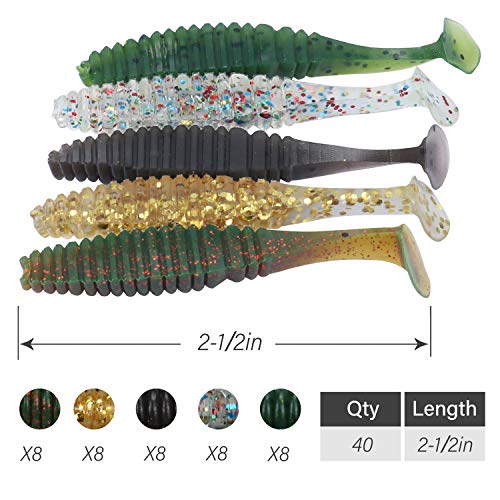 RUNCL Anchor Box - Paddle Tail Swimbaits, Soft Jerk Baits, 20/40/50/60pcs Soft Fishing Lures, Curved Tail Grubs - 3D Lifelike Eyes, Split/Boot/Curved/Straight/Thin Tail - 1/2/3/4/5in, Proven Colors - color: H - Paddle Tail (2-1/2in, 40pcs)