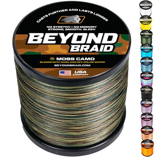 Beyond Braid Braided Fishing Line -Super Strong - Abrasion Resistant - No Stretch -Blue Camo, Moss Camo, White, Green, Pink, Blue, 4 Strand 8 Strand - color: Moss Camo, size: 20LB (2000 Yards)
