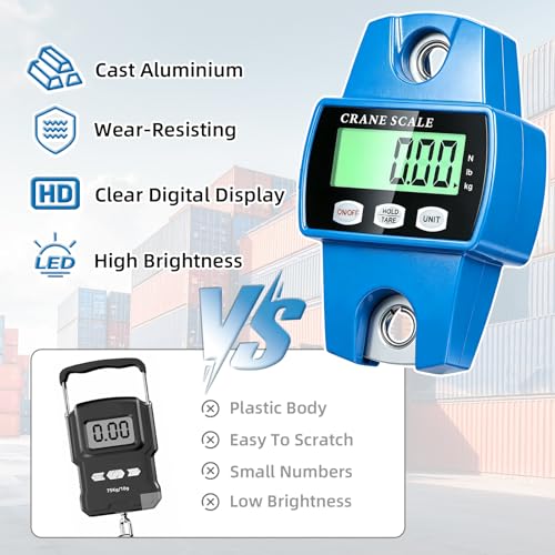 Digital Hanging Scale, 1100lb/500kg Crane Scale, Small Crane Scale with LCD Display and Hooks, Aluminum Alloy Body for Hunting, Outdoor, Fishing, Farm (Blue) - color: Blue-1100lb