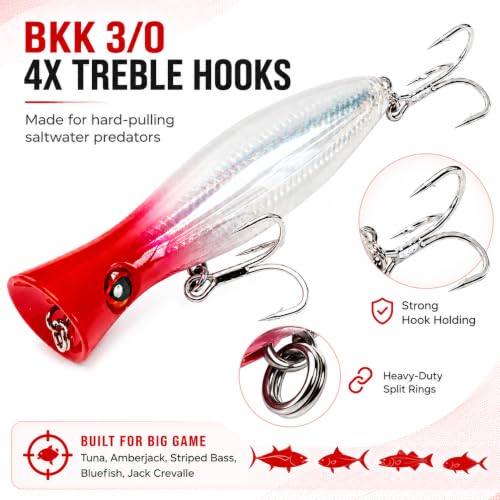 6.2 Inch 2.73 oz Saltwater Topwater Popper Fishing Lures with 3/0 4X Strengthened BKK Treble Hooks, Through-Wire for Strength & Durability, Target GT, Tuna, Sea Bass, Marlin - color: B2-2.73OZ-6.2''