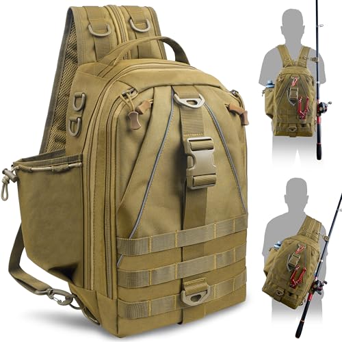 SILANON Fishing Tackle Backpack Wateproof Fishing Backpack with Rod Holder Lightweight Sling Tackle Bag Gift for Men - size: Standard (9.06*5.12*13.8 In)