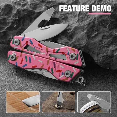 VIRENKNIFE 13-in-1Multi Tool Pliers, Stainless Steel Mini EDC Multitool with Pocket Knife,Screwdriver，Bottle Opener，Fishing Hook Sharpener，Perfect for Camping, Hiking, Fishing（Donut） - color: Pink Donut