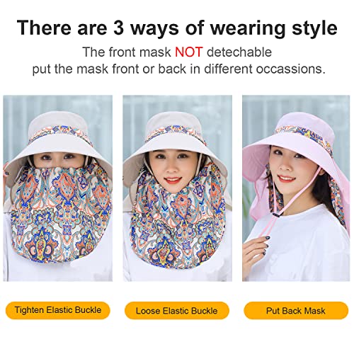 Women Wide Brim Face Mask Sun Hat Detachable Neck Face Flap Ponytail UV Protection Visor Hat Garden Fishing Hiking - color: M9099-mise