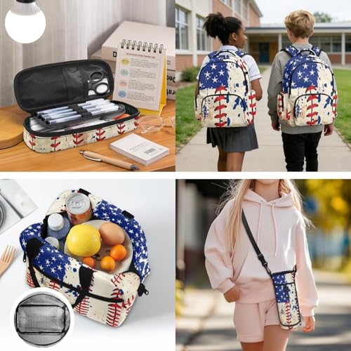 Kids' Backpacks School-Bag 4 Pack Set Custom Baseball Print Backpack with Lunch Box Pencil Case Water Bottle Holder Sling Bag with Pocket Adjustable Strap - color: Custom Baseball Print B