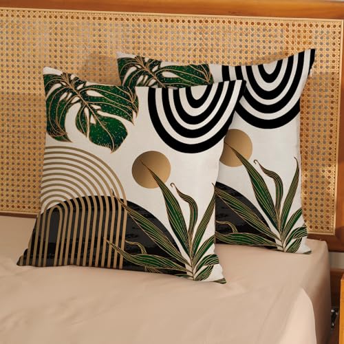 Black Boho Pillow Covers 16x16 Inch 2 Pcs Green Gold Tropical Leaf Mid Century Summer Outdoor Decor Throw Pillows Modern Geometry Farmhouse Decoration Pillowcase Linen Cushion Cover for Couch - color: Black Green Gold Boho, size: 16" x 16" (Pack of 2)