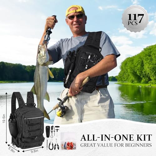 117Pcs Fishing Backpack with Tackle Boxes, Waterproof Fishing Tool Kit with Pliers, Fish Hook Remover, Lip Gripper Ideal Gift for Boys, Grandsons, Husband