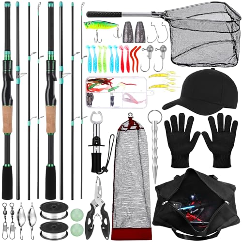 60 Pcs Father's Day Fishing Rod and Line Combo Detachable Fishing Pole Kit Without Reel, Plier Lip Gripper, Fish Lure Hook Accessories, Carrier Bag for Beginner Men Travel Saltwater Freshwater