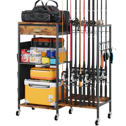 Homeiju Fishing Rod Holder, Fishing Pole Holders for Garage Boat Fishing Gear Storage with Drawer and Wheels, Holds 16 fishing rods for Home Entryway Corner,Rustic Brown