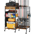 Homeiju Fishing Rod Holder, Fishing Pole Holders for Garage Boat Fishing Gear Storage with Drawer and Wheels, Holds 16 fishing rods for Home Entryway Corner,Rustic Brown