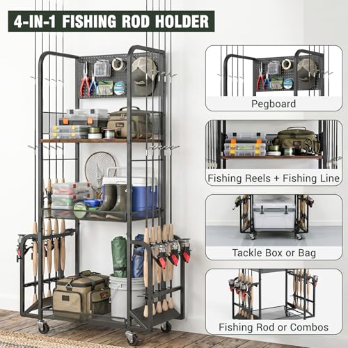 Fishing Rod Holders for Garage with Pegboard and Hooks, Fishing Pole Holders Up to 10 Rods, 3-Tier Anti-Drop Fishing Rod Storage Rack Cart with Lockable Wheels, Heavy-Duty Tackle Gear Organizer