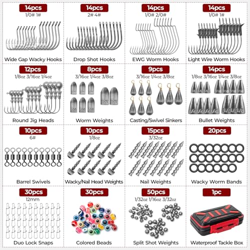 MadBite by KastKing 182/265/400pcs Compact Fishing Tackle Kit - All-in-One Freshwater Hooks, Weights, Bobbers in Tackle Box, Fishing Gear Set for Bass Trout Panfish - style: 265pcs Terminal Tackle Kit