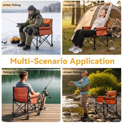 Heavy Duty Folding Fishing Chair 220LBS Load Capacity, Portable Compact Camping Chair with 1 Detachable Rod Holders, Adjustable Legs, Storage Bags & Non-Slip Feet for Outdoor Fishing Beach - color: Orange
