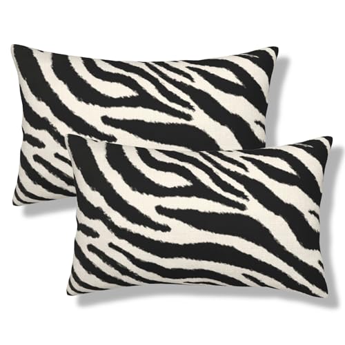 Zebra Print Striped Throw Pillow Covers Black and Beige Lumbar Pillow Cases 12x20 Inch Set of 2 Wild Animal Skin Outdoor Decorative Pillowcase Cushion Cover for Couch Sofa - color: Black, size: 20" x 12" (Pack of 2)