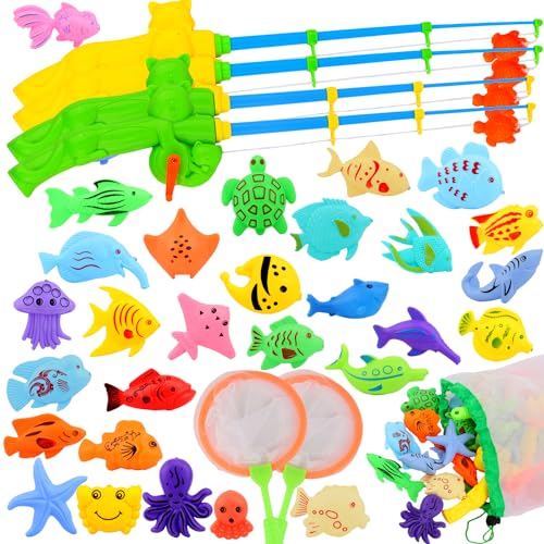 AUUGUU Magnetic Fishing Pool Toys Game, Water Table Bathtub Bath Toy - Pole Rod Floating Fish, Birthday Party Gifts for Toddler Age 3 4 5 6 Year Old, Kids Outdoor Toys - style: 4 fishing rods + fish