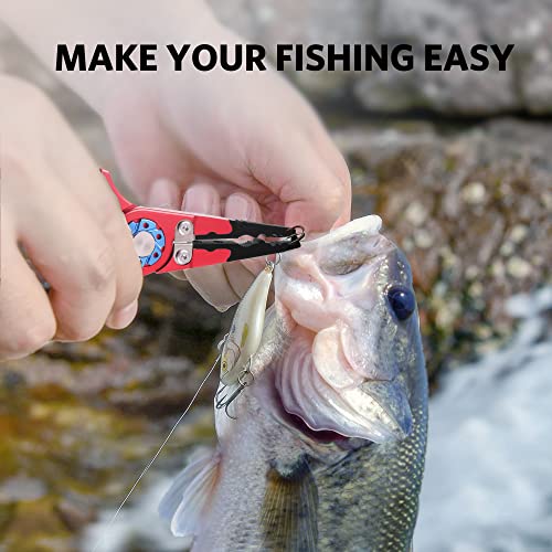Saltwater Fishing Pliers, Split Ring Pliers for Fishing with Safety Lock, Fish Pliers with Sheath and Lanyard, Fishing Gifts for Men - color: B-red
